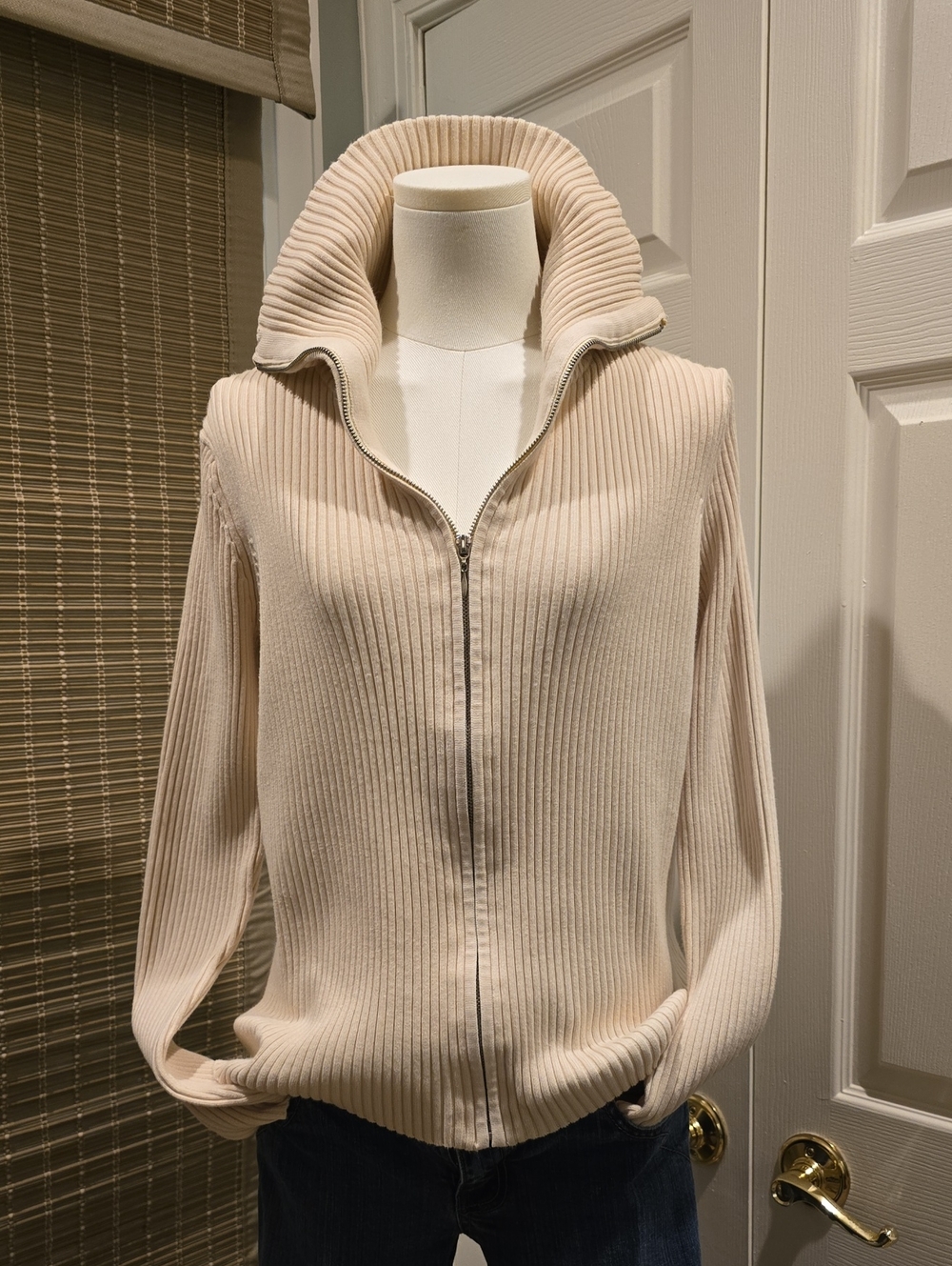 EVIE Cream Ribbed Zip-Front Turtleneck Sweater